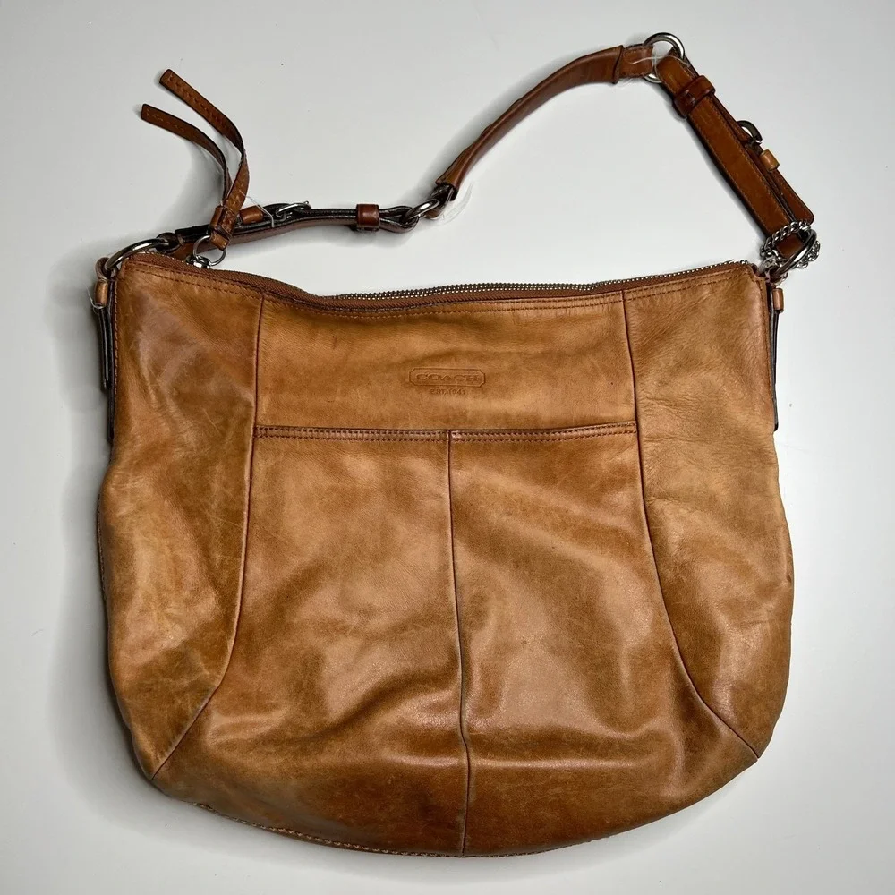 VTG Coach J0849-12684 Brown Leather Shoulder Bag Slouchy Hobo Purse Pink Lining